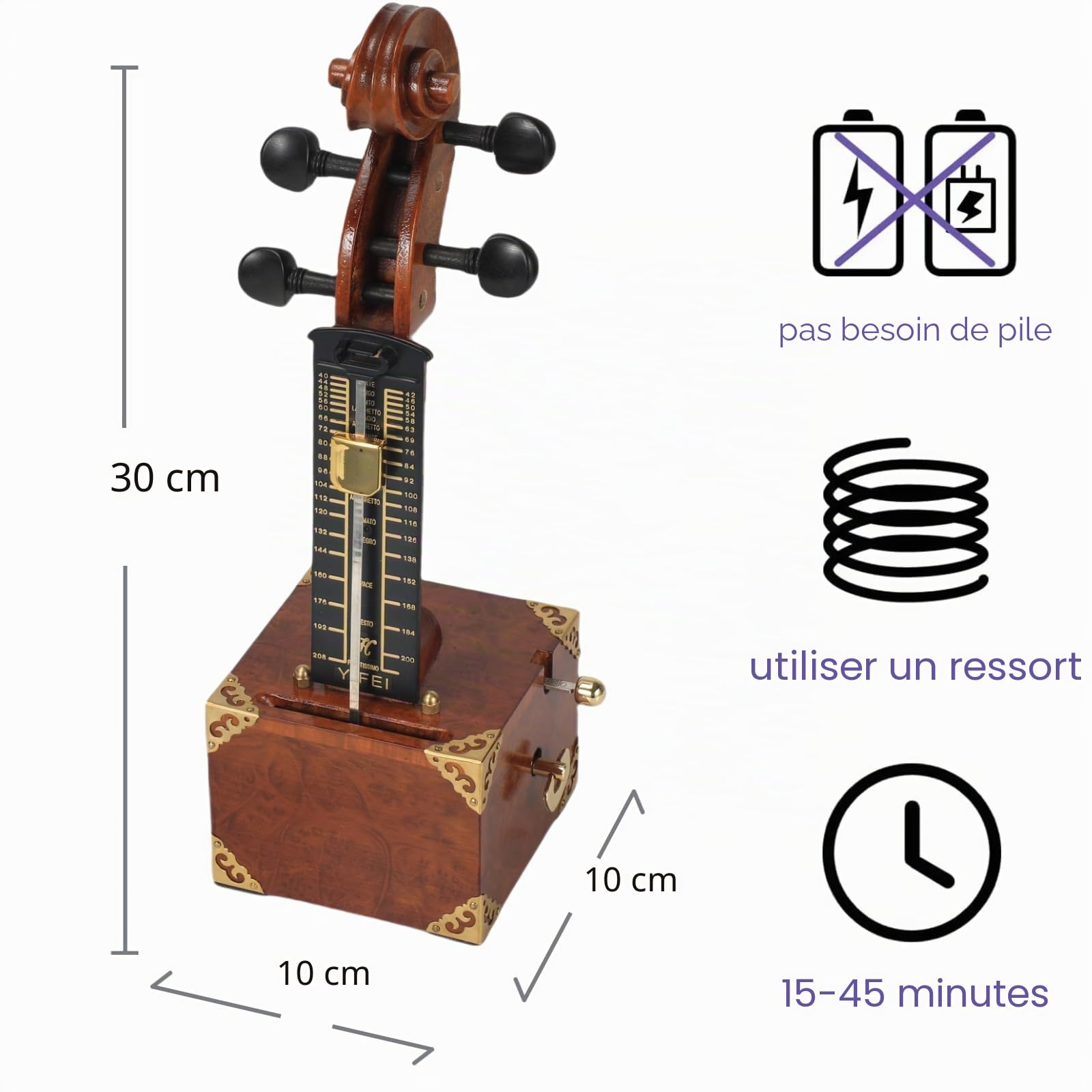 Métronome en bois massif fabriqué à la main – Design vintage inspiré du violon avec accents dorés, mouvement mécanique de précision et finition de luxe pour violon, fabriqué artisanalement pour les