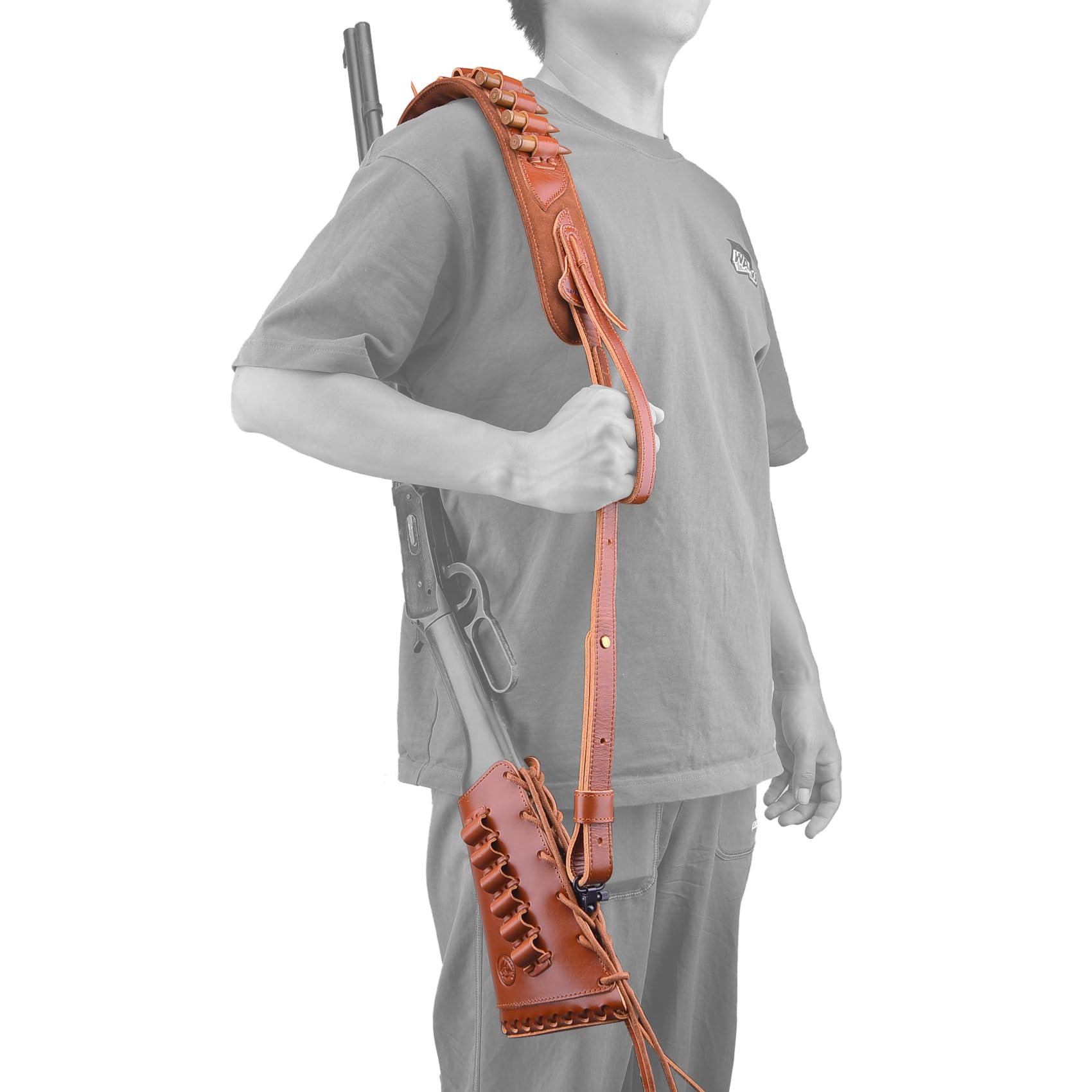 Leather Rifle Buttstock Cover with Match Gun Sling Ammo Shell Holder, Handmade (Brown, 12 Gauge)