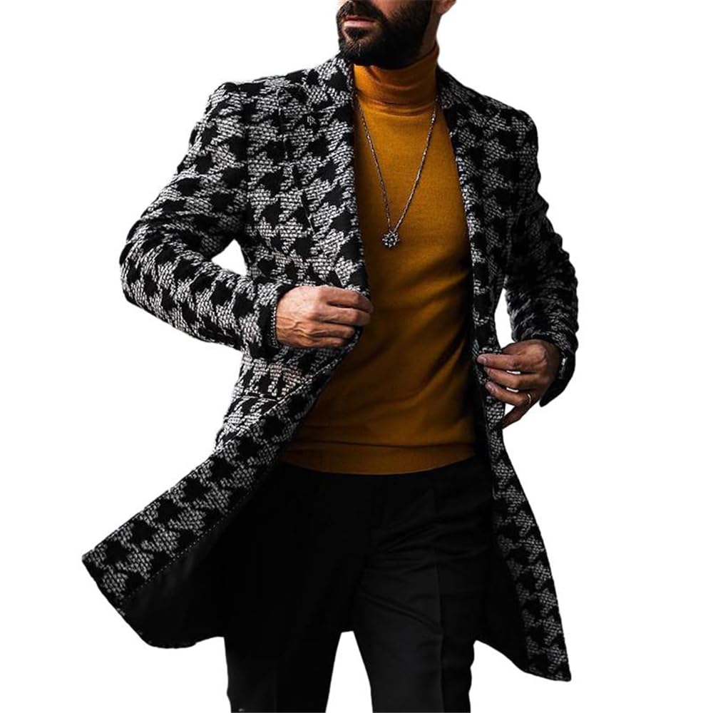Mens Long Coat Mens Print Lapel Windbreaker Mens All-Match Checked Classic Jacket Mens Button Front Long Sleeve Jacket Work
