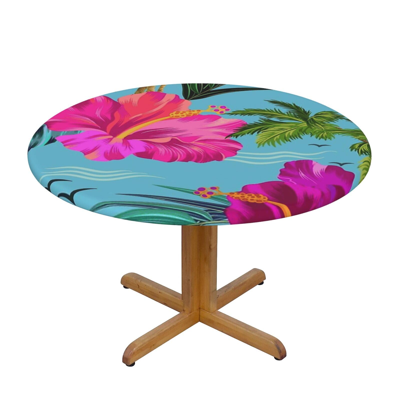 Ffshkowe Hello Hawaii Elastic Round Tablecloth Oil Proof Table Cover For Dining Party Picnic