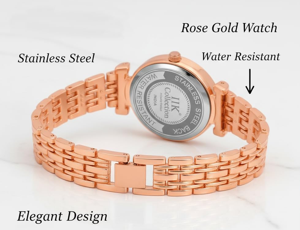 Image of IIK COLLECTION Watches for Women Round Studded Dial |Analogue Quartz Movemnet Ladies Watch|Long Battery Life|Stainless Steel Adjustable Bracelet Chain Strap|Double Lock Clasp Safety Watches for Girls