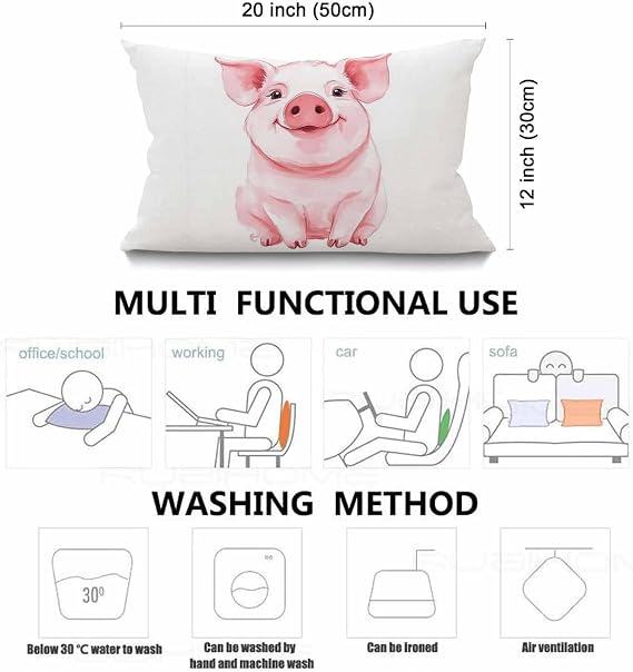 Smooffly Pig Pillow Lovely Pink Pig Watercolor Cotton Linen Home Living Room Decorative Throw Pillow Cases Cushion Cover 12x20 Inch Rectangle Waist Pillowcase