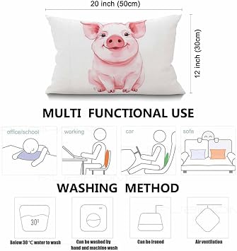 Smooffly Pig Pillow Lovely Pink Pig Watercolor Cotton Linen Home Living Room Decorative Throw Pillow Cases Cushion Cover 12x20 Inch Rectangle Waist Pillowcase