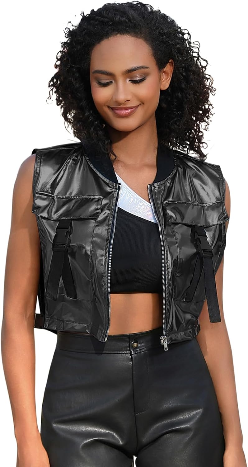 Perfashion Cropped Vest For Women Buckle Zip Up Metallic Cargo Cyberpunk Jacket With Pockets Streetwear Rave Outfit