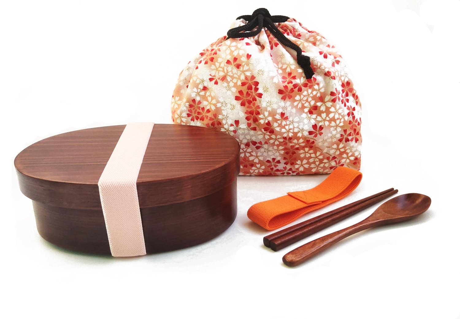 Magewappa Cedar Bento Box 24oz Sakura Bag Chopsticks Natural Lacquer Oval