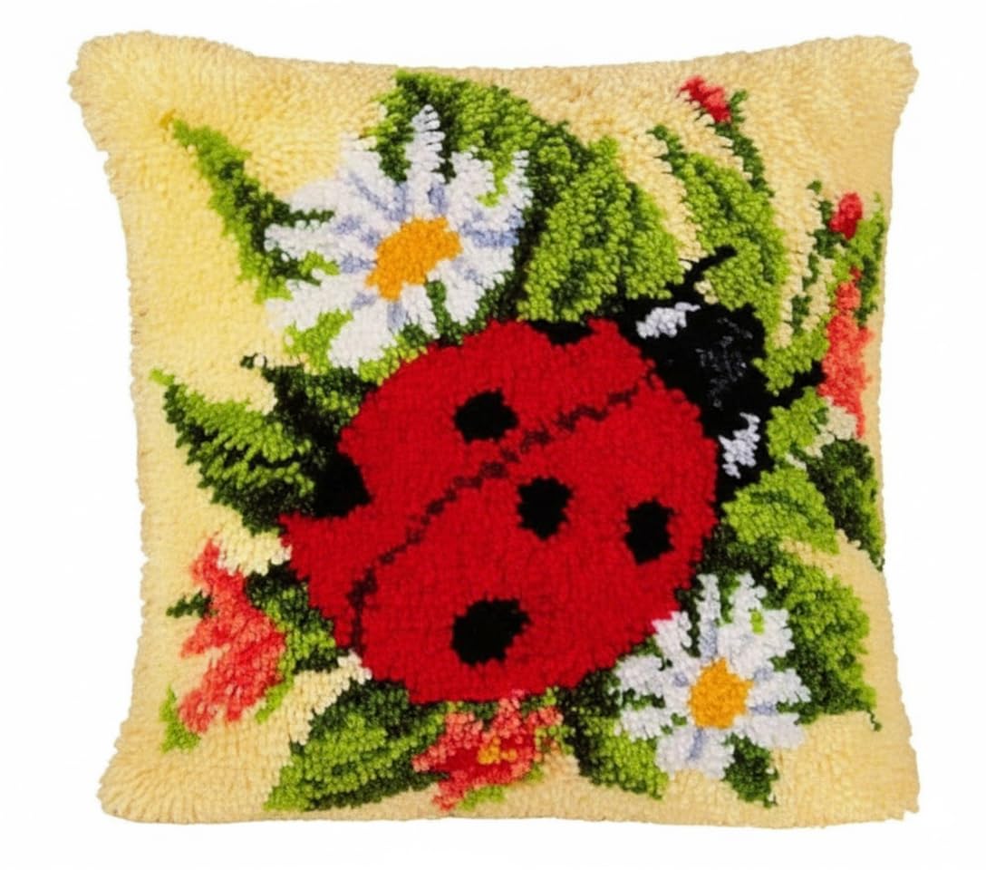 VERVACO Kit Latch Hook Cuscino Coccinella Kit Gancio di Chiusura Tappeto ca. 40 x 40 cm Set Ricamo Principianti Casa Decorazioni attività Creative Adulti Hobby Rilassanti Gobelin Cuscino