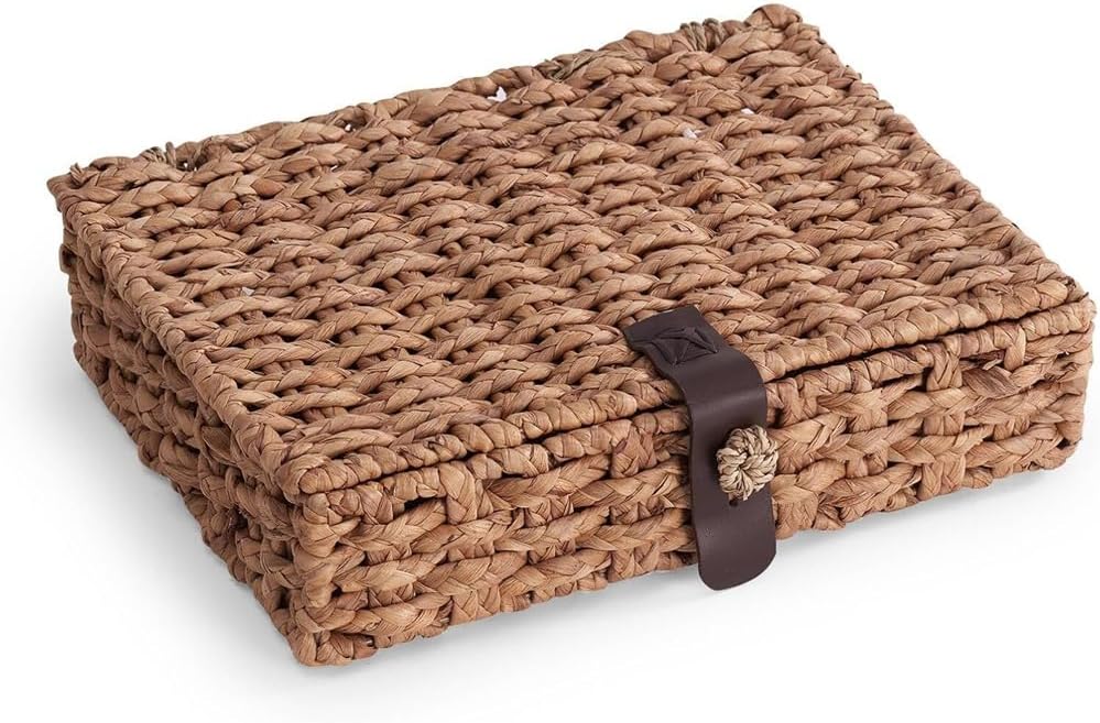 Wicker Storage Basket Decorative Box with Lid, Water Hyacinth Woven Design for Shelf& Coffee Table Large