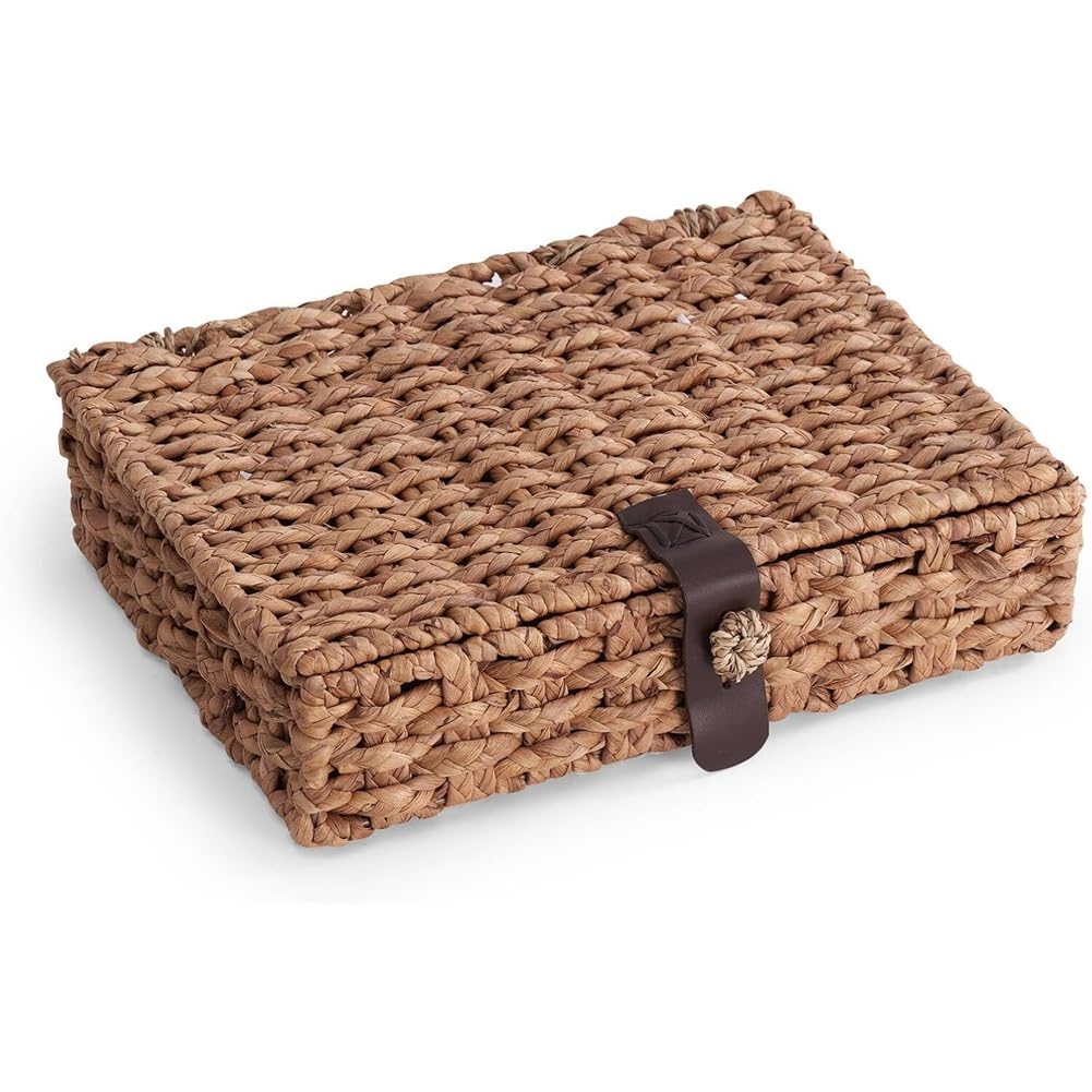 NIZEAMI Woven Decorative Box with Lid-Water Hyacinth Design, Wicker Storage Basket for Shelf, Coffee Tables Large