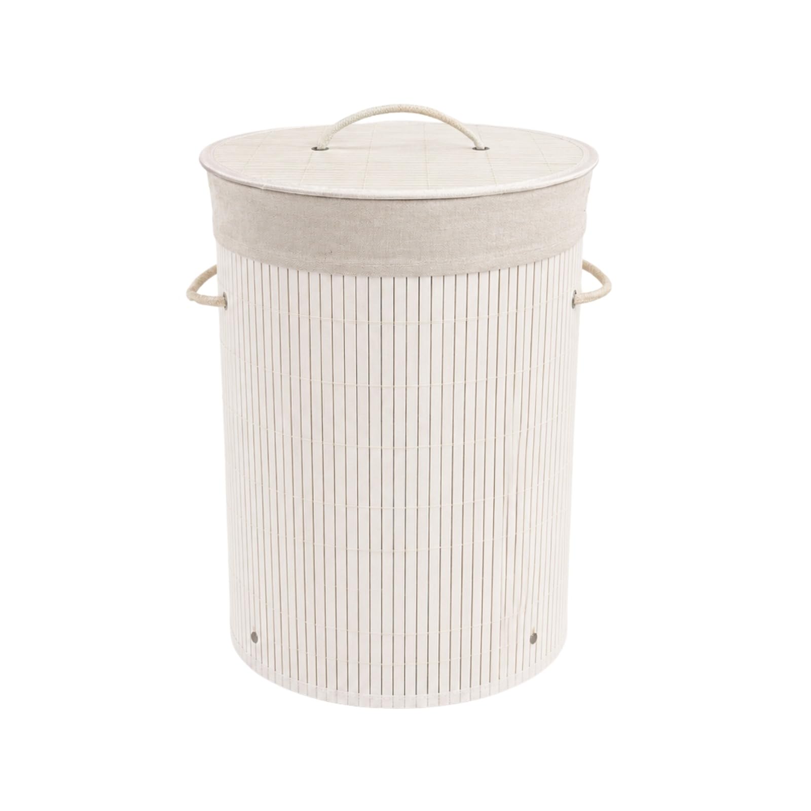 Round White Bamboo Laundry Basket, Laundry Hamper with Removeable Washable Lining & Lid, Easy Assemble Folding Storage Bin Dirty Clothes Storage Bucket Cover Household Container Organiser