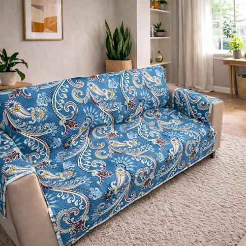 Image of Homerz Premium 3 Seater Quilted Reversible Sofa Cover Mat with Pocket Arms | Polyester Blend 350 GSM Full Coverage & Back Belt for Stability (Floraya, 3 Seater)
