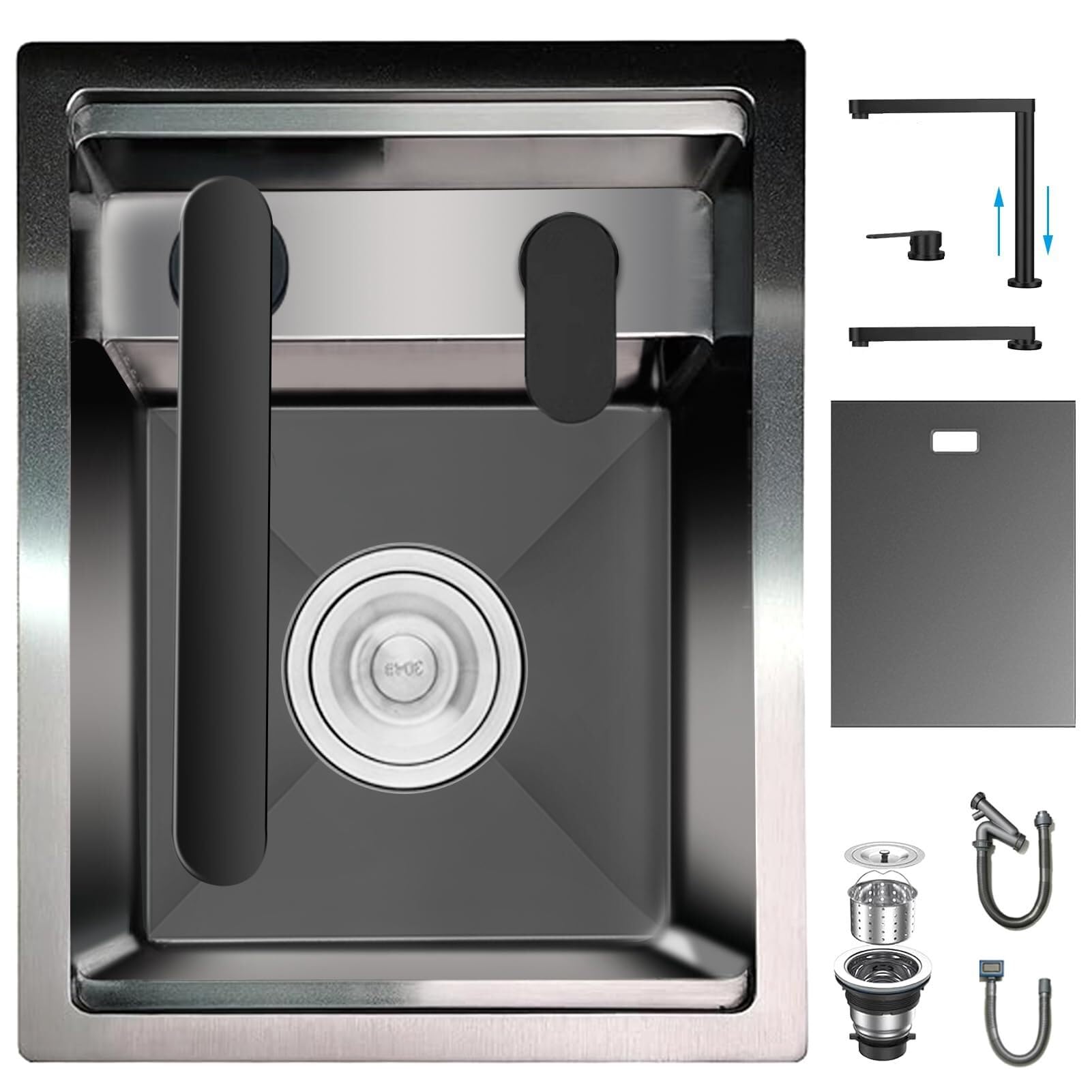 WBJGUOD Hidden Concealed Kitchen Bar Sink with Foldable Faucet - Stainless Steel Undermount Workstation for Small Kitchen, RV, and Prep Areas(Black B,35x45x22CM)
