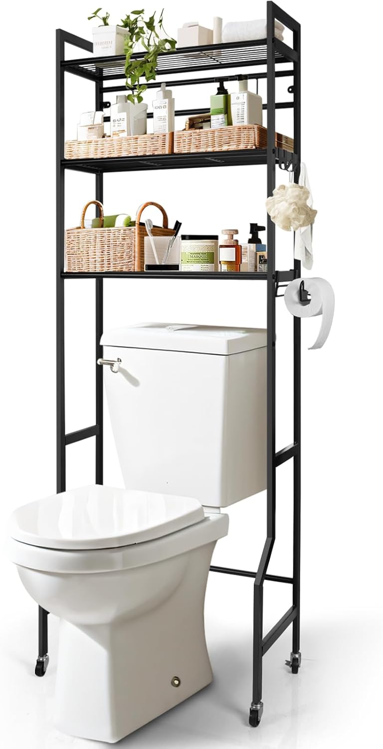 IIQ 3-Tier Metal Bathroom Organizer Shelf, Over The Toilet Storage,Freestanding Above Toilet Rack with Universal Wheels Toilet Paper 2 Holder Hooks,Simple Morden