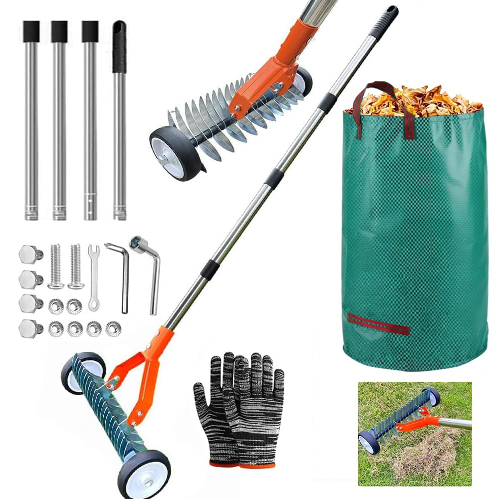 Escarificador Manual con Ruedas, Escarificador Cesped Manual con Mango de 165 cm Ajustable, con Bolsa para Residuos de Jardín, para Eliminar Hierba Muerta, Aflojar el Suelo