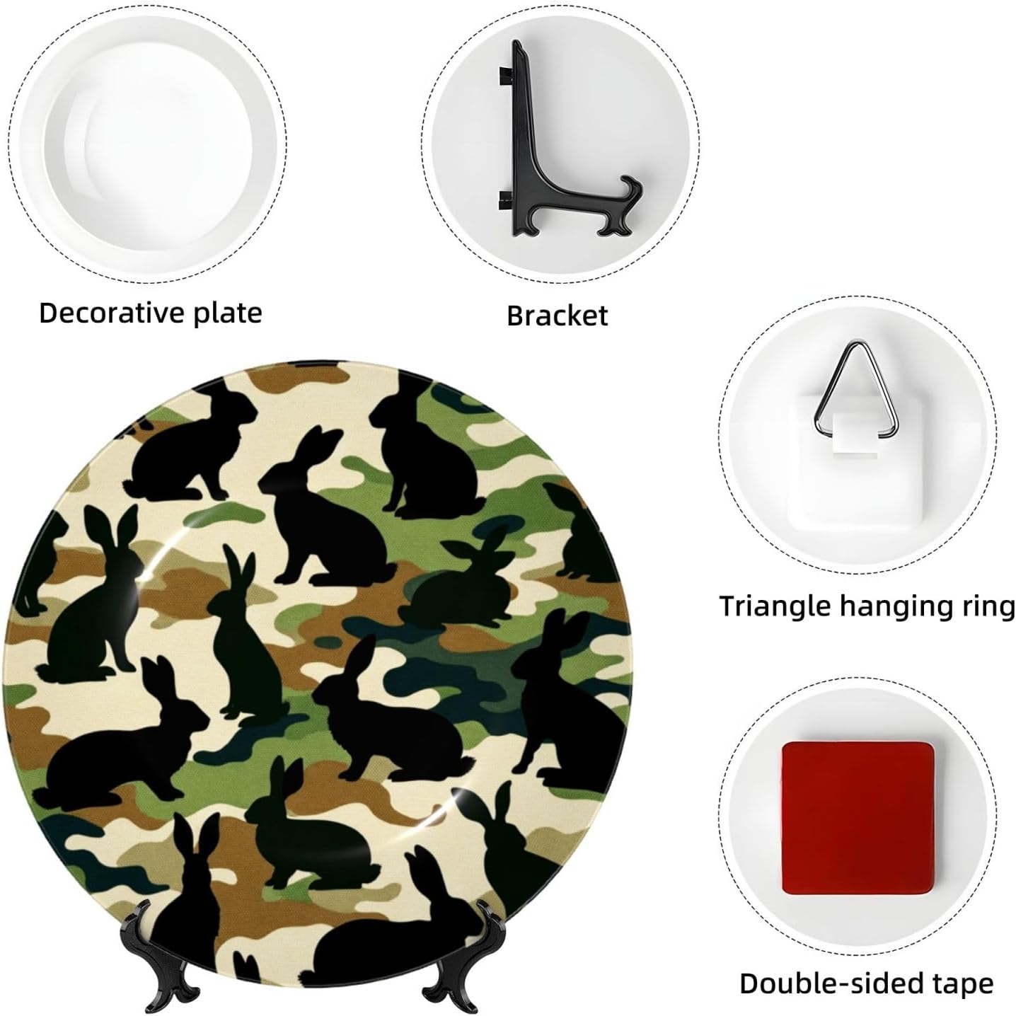 Rabbit-American-Camouflage-Pattern 10 Inch Decorative Plate With Stand, Elegant Display Wall Plate For Home Decor