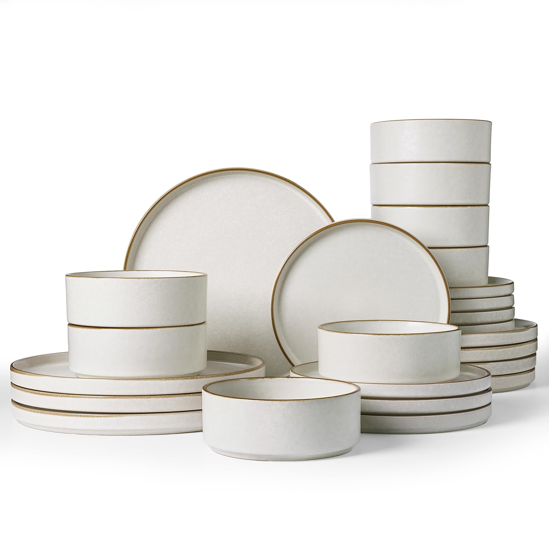 Famiware Nebula 24-Piece Dinnerware Set, Matte Beige White with Brown Rim