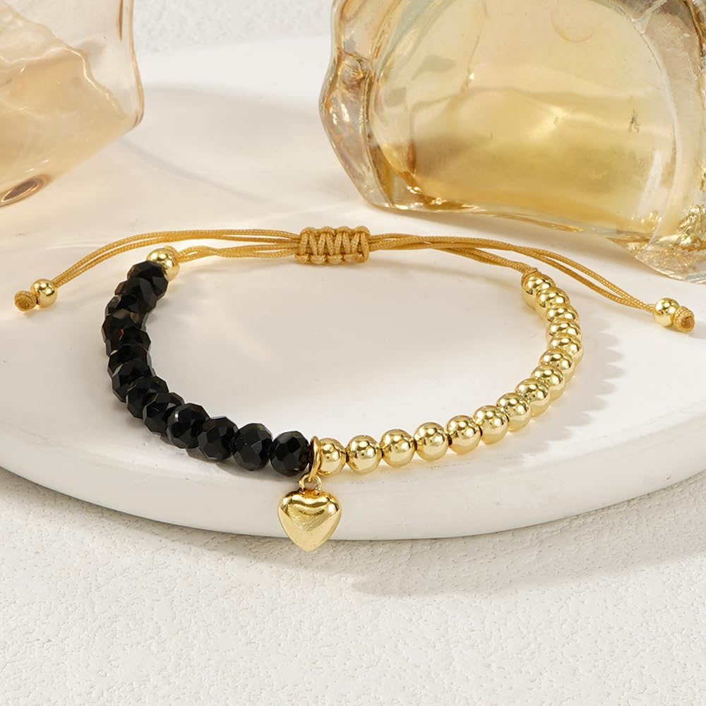 Dainty Heart Gold Plated Beaded Adjustable Bracelet for Women, Handmade Boho Black Red White Beads Statement Trendy Prom Jewelry Gift - Image 2