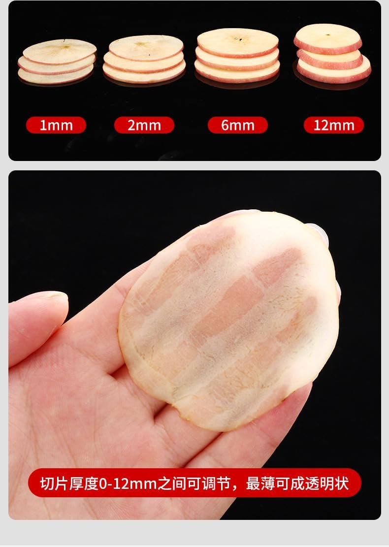 Commercial manual electric integrated fruit and vegetable slicer, adjustable thickness food slicer, stainless steel blade and food tray, potato slices, onions, tomato slicers