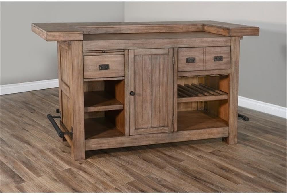 Pemberly Row 80" Farmhouse Wood Home Bar Unit, Stemware Rack, Wine Storage, Freestanding, in Taupe Brown