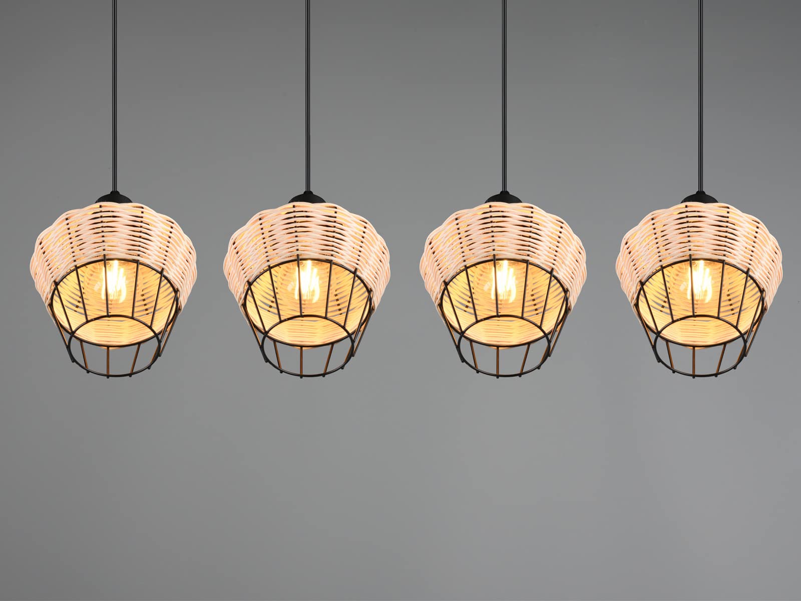 Lampa wisząca LED, czarna, rattanowa, naturalna, 4 źródła światła