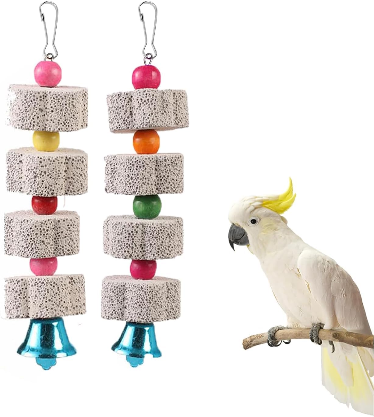 Cawhui Parrot Chewing Toys,2 Pcs Bird Teeth Grinding Chew Treats Toy with Bell Bird Beak Grinding Stones Hanging Training Chew Toys Birds Cage Accessories for Parakeets Cockatiels Conures