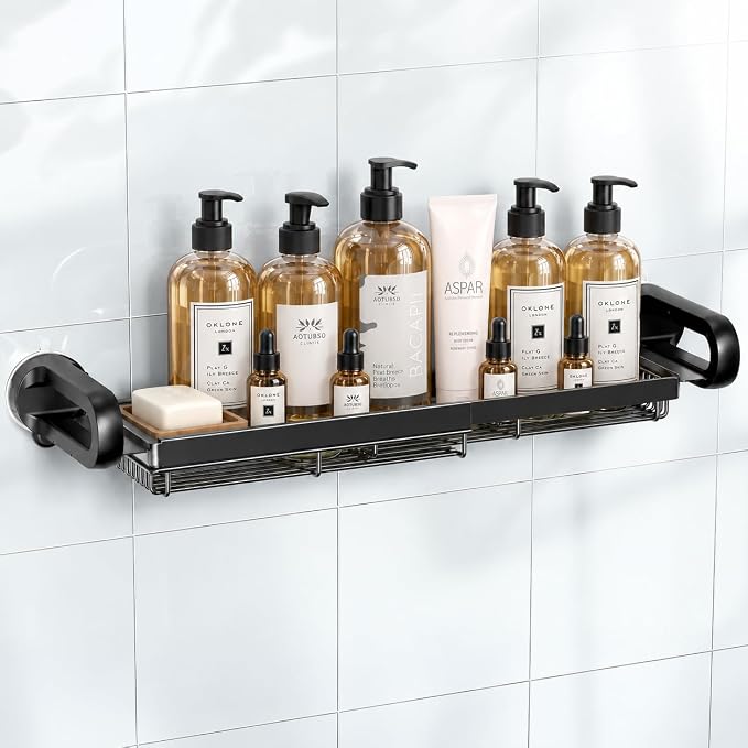 JOTPE Expandable Shower Caddy, No-Drill Suction Shower Shelf, Black