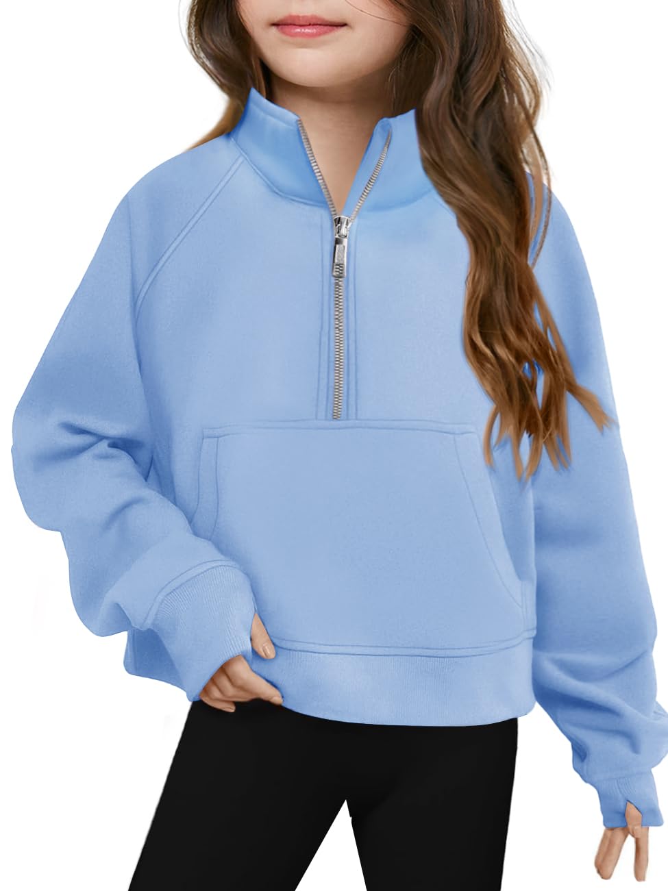 Haloumoning Sudadera corta de forro polar con media cremallera para niñas | Sudadera con agujero para el pulgar, manga larga, para niños, adolescentes, ajuste holgado, bolsillos canguro