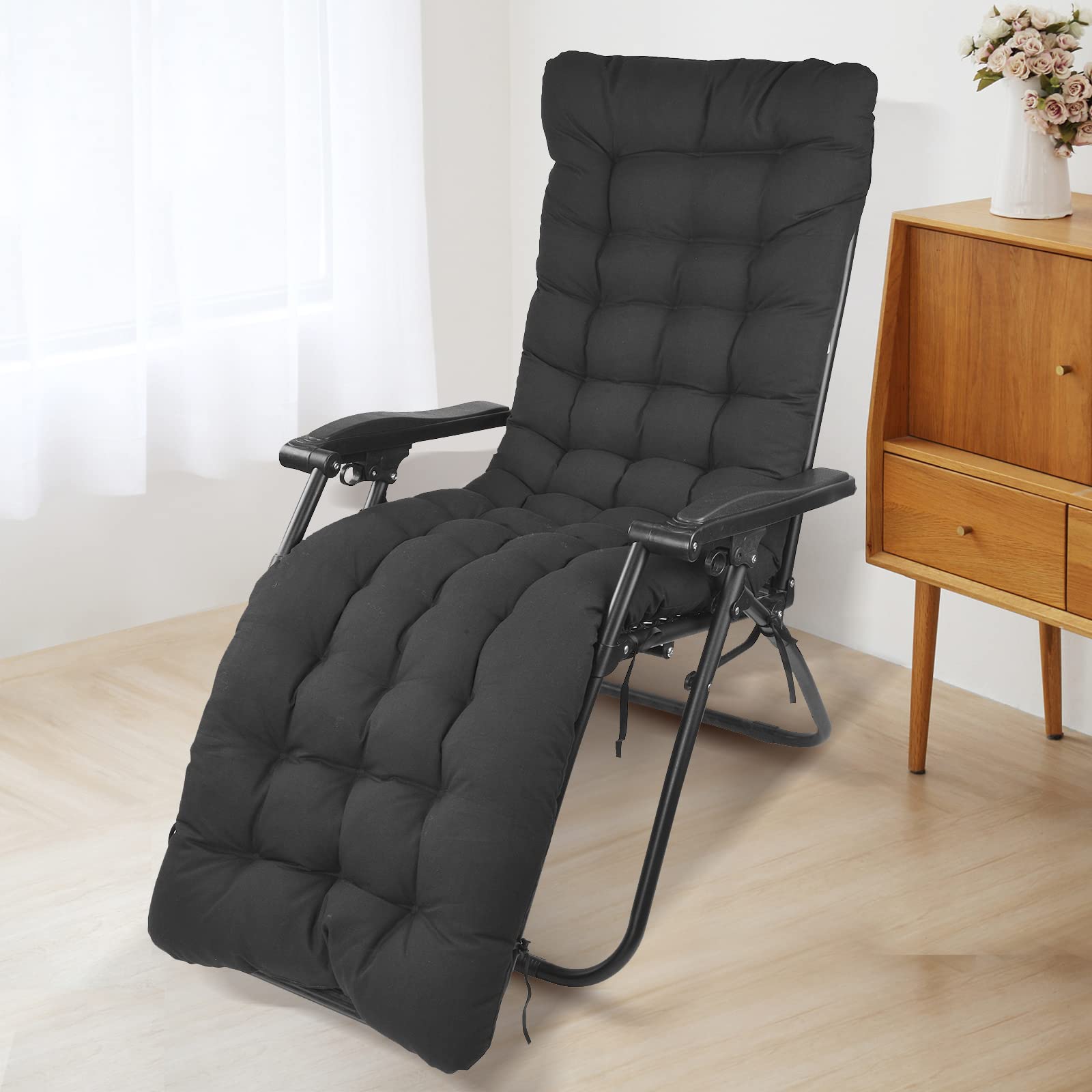 WildFun Sun Lounger Cushions, Garden Sunlounger Thick Chair Cushions with Non-Slip Top and Tie Ropes for Garden Patio Beach (Black)