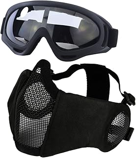 Airsoft Mask with Goggles, Foldable Half Face Airsoft Mesh Mask with Ear Protection for Paintball Shooting CS Game