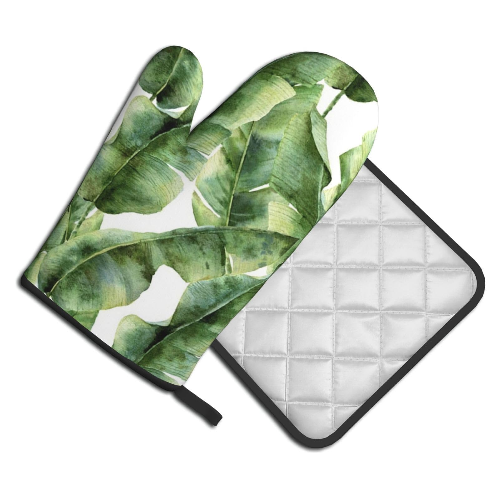 Oven Mitts and Pot Holders Set of 2 Pcs, Watercolor Banana Plant Printed Heat Resistant Kitchen Gloves Potholders for Cooking Baking Grilling