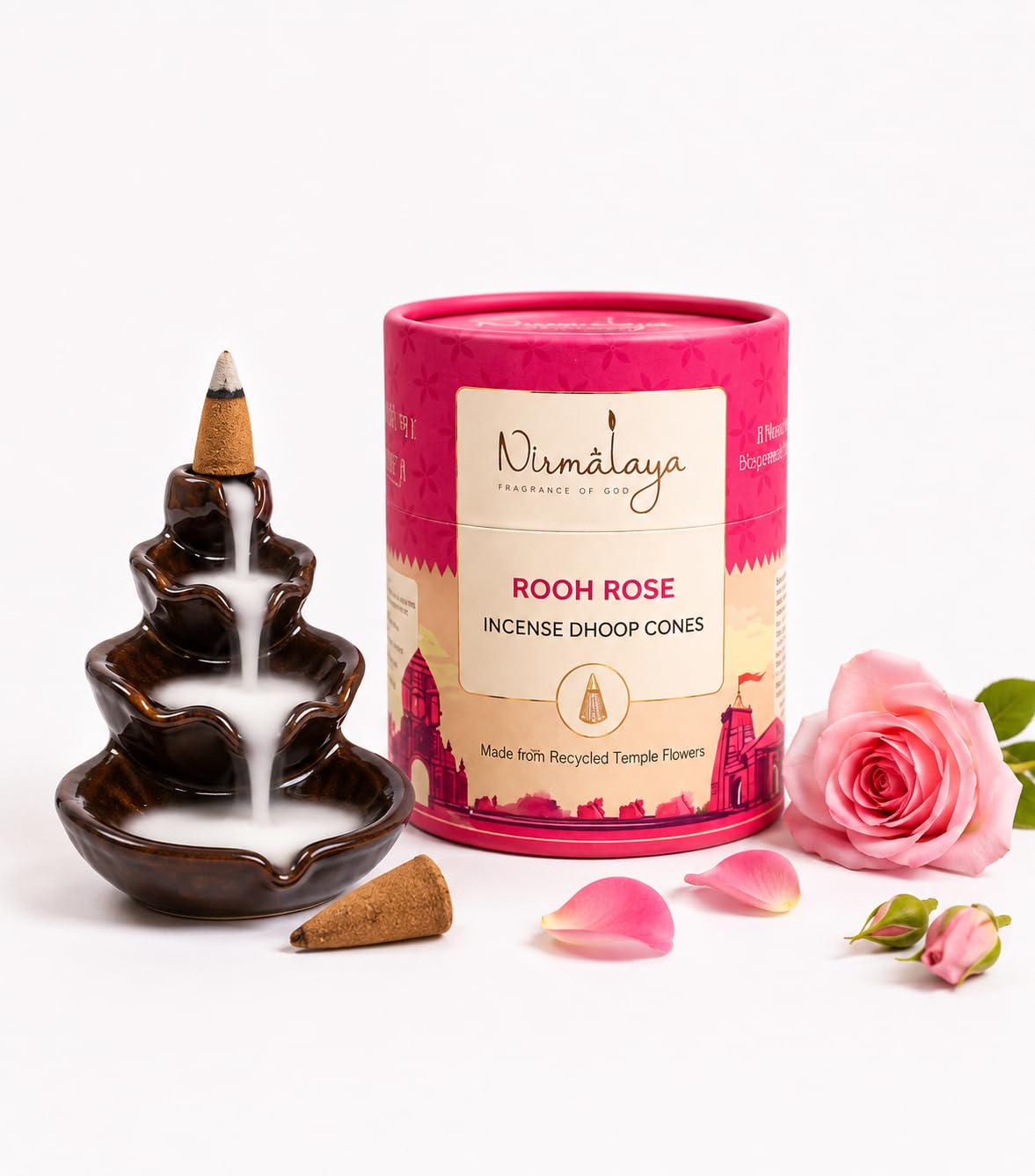 Nirmalaya Premium Rose Backflow Dhoop Cones | 60 Bambooless Incense Cones Sacred Flowers | Charcoal Free Cones | 25 Min Burn Time | Natural Incense for Meditation & Home Fragrance-image-24