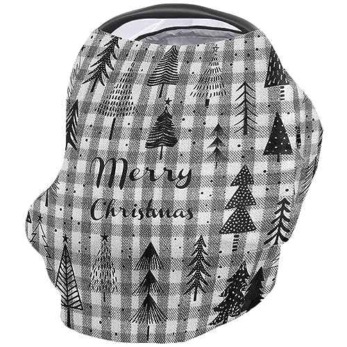 Nursing Cover for Breastfeeding Scarf, Merry Christmas Black Xmas Tree Grey Plaid Baby Car Covers Super Soft Multi Use for Canopy Shopping Cart Cover Blanket Stroller Cover
