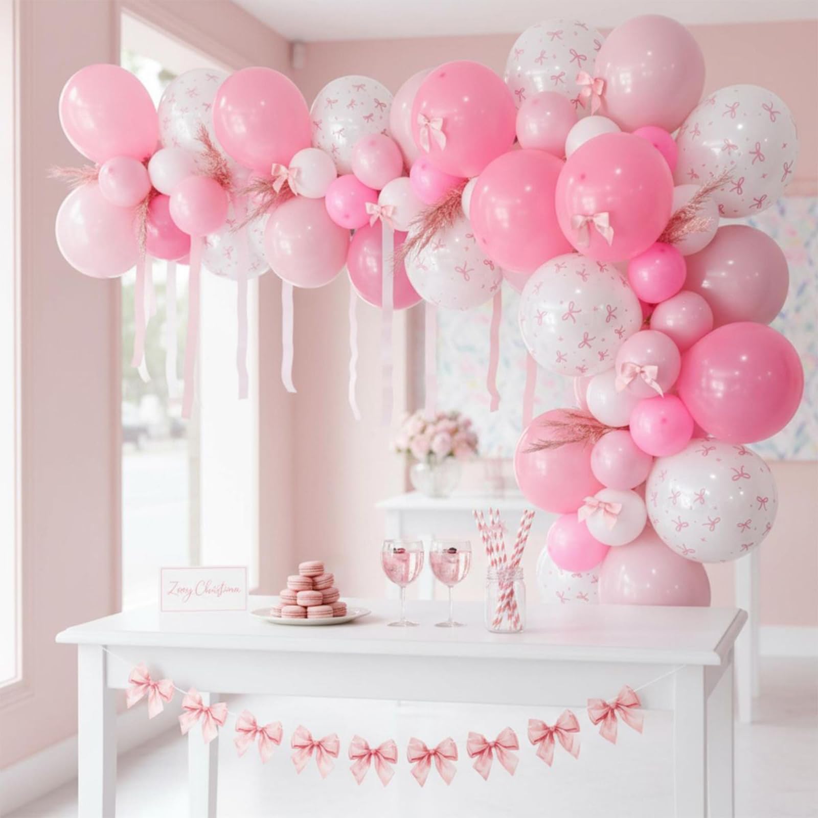 Rosa Schleife Luftballons 30,5 cm Pastell Helles Baby Rosa Weiß Kokette Ballon Bogen Druck Party Ballon für Mädchen Frauen Prinzessin Braut Babyparty Kokette Geburtstag Thema Hochzeitstag Dekor