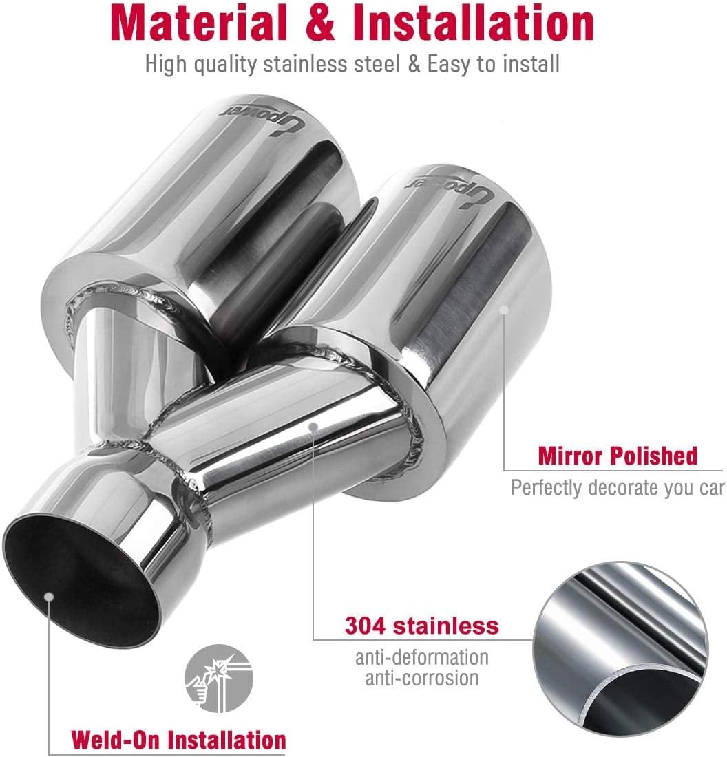 Upower 2.5" to 3.5" Dual Staggered Exhaust Tips 2 1/2 inch Inlet 3 1/2 inch Outlet 9.5" Long 304 Polished Stainless Weld On Double Wall Slant (Pack of 2)