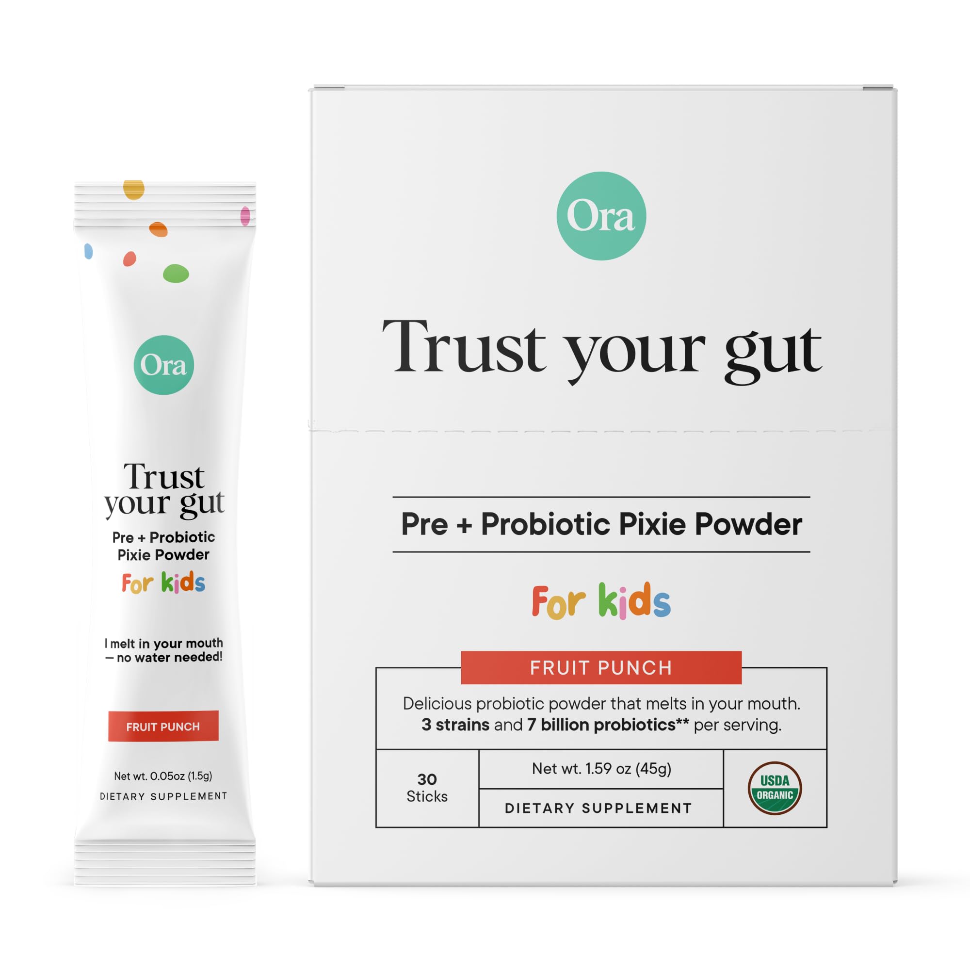 Ora Organic Probiotic Pixies with Prebiotics for Kids - Vegan Probiotics for Digestive Health | Dairy-Free, Gluten-Free, No Sugar Added, for Sensitive Stomachs - 30 Fast Dissolving Sticks