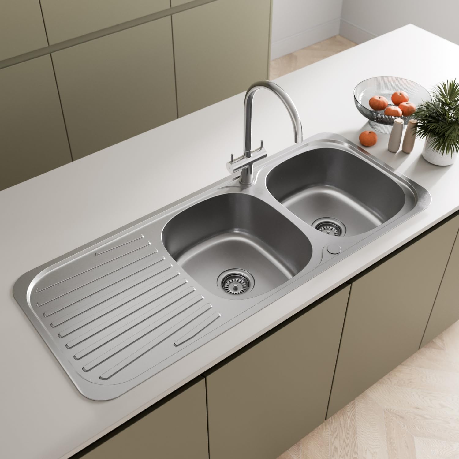 SÄUBER® 1180 x 480mm Stainless Steel Kitchen Sink Double 2 Bowl Inset Drop in Installation, Left Hand Drainer, 18/8 Grade Steel Sinks, Free Basket Strainer Waste