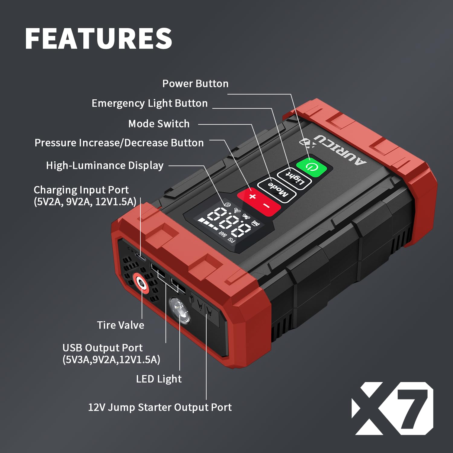 X7 1750A Jump Starter 150 PSI Compresor de aire 12V batería de litio paquete de refuerzo, caja de salto portátil, banco de energía y cables de puente para motores de gas máximo 7.0L y motor