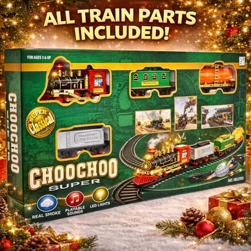 Image of Choo-Choo Battery Operated Train Toy Set for Boy | Electric Steam Engine with Passenger, Coal & Tank Coaches | Smoke, Sound & Light Effects Railway Track Toy