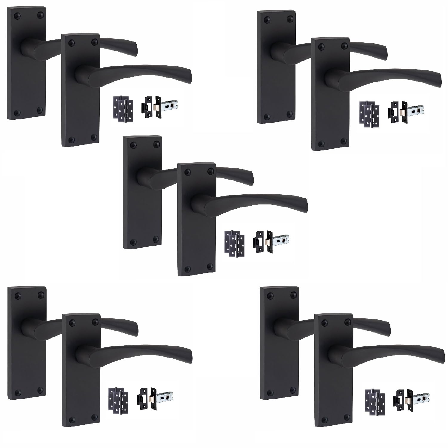 Golden Grace Victorian Scroll Astrid Door Handles Latch in Matt Black with 1 Pair of 3" Ball Bearing Hinges & Latches Pack, 5 Sets - 120mm x 40mm Backplate