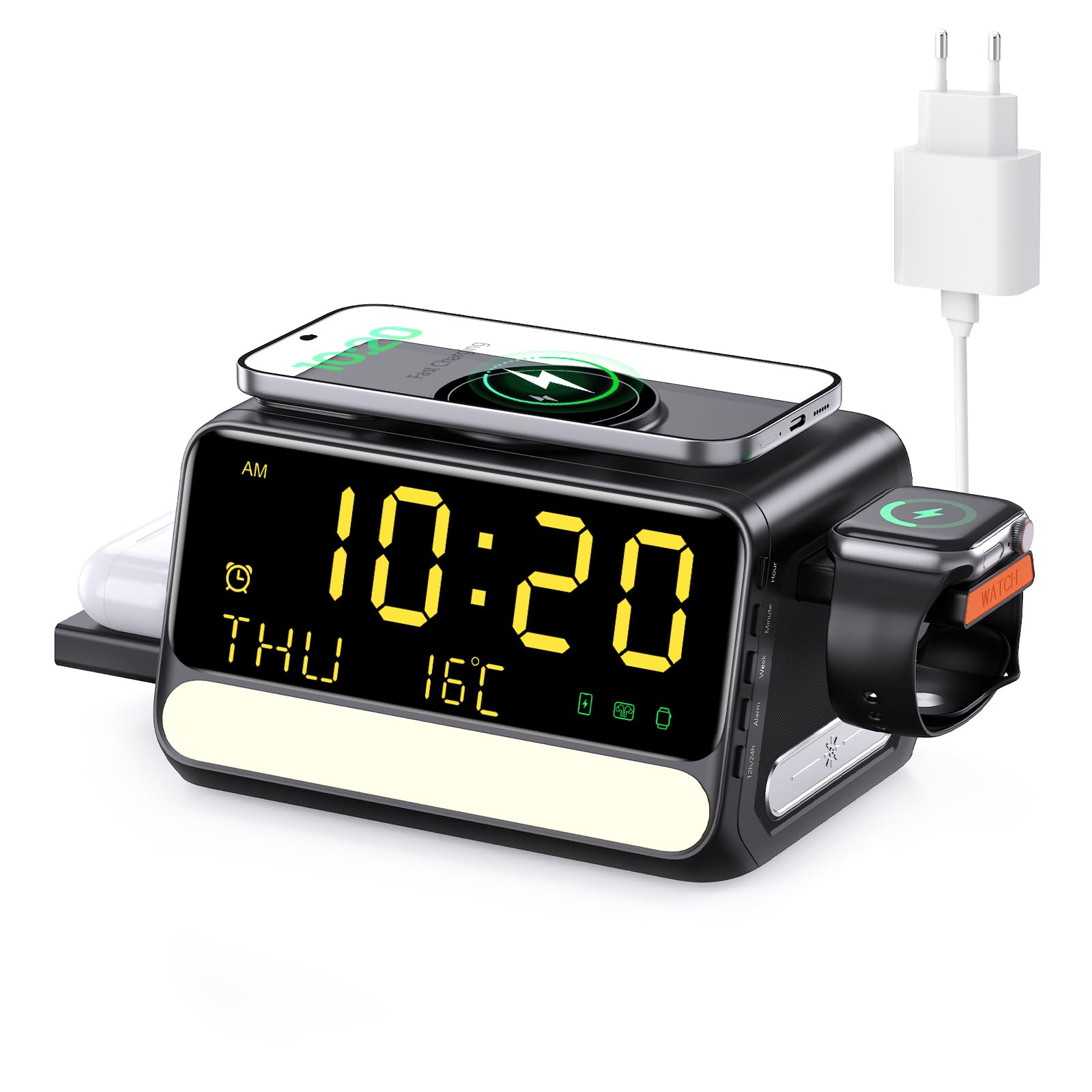 Stazione di ricarica wireless 7-in-1 con sveglia, luce notturna a controllo vocale, temperatura e data, 33W, supporto di ricarica rapida compatibile con telefoni iPhone Samsung, Apple/Samsung Watch