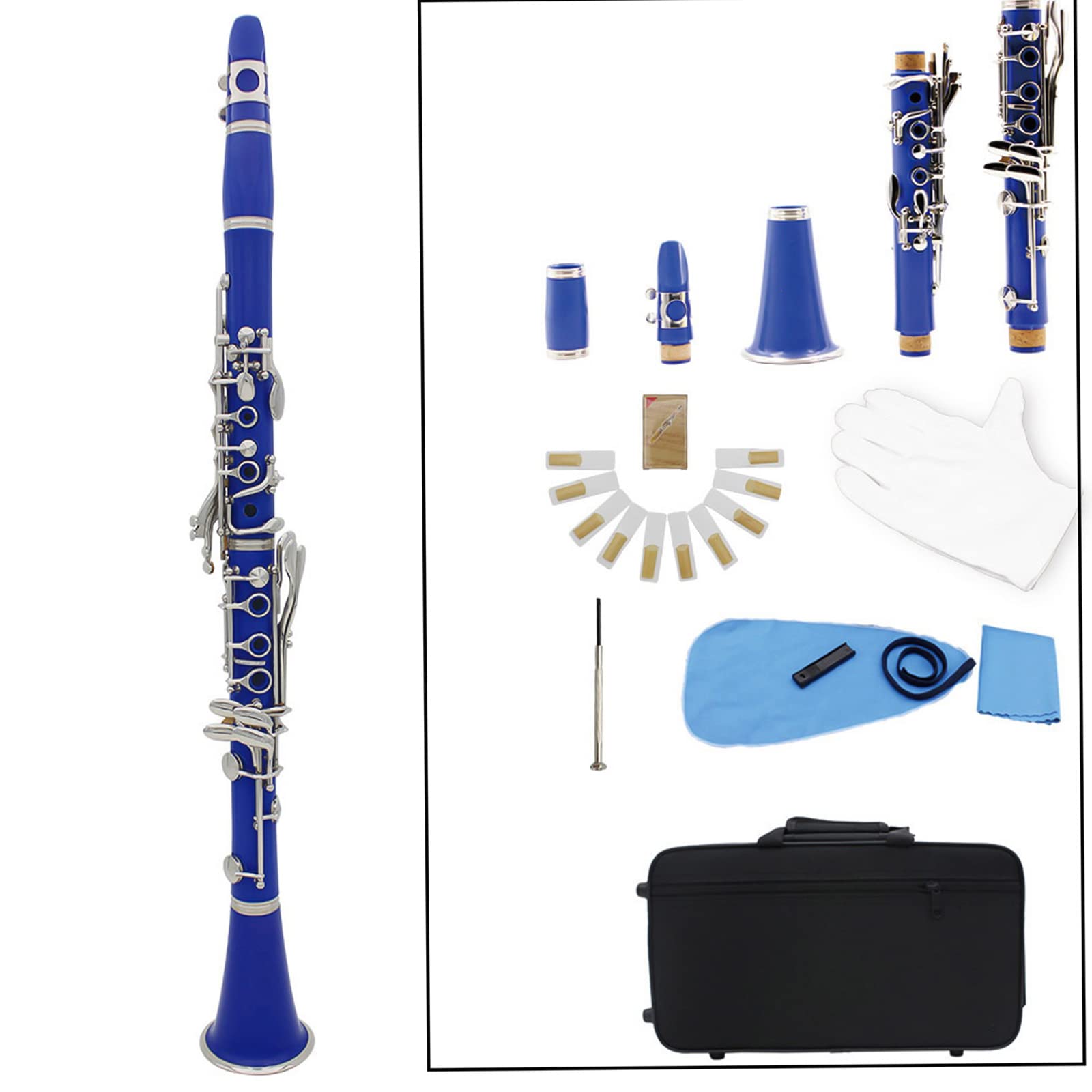 Btuty Clarinete ABS de 17 toneladas bB clarinete soprano plano con guantes de limpieza, 10 hojas, destornillador, maletín de hojas, instrumento de viento de madera