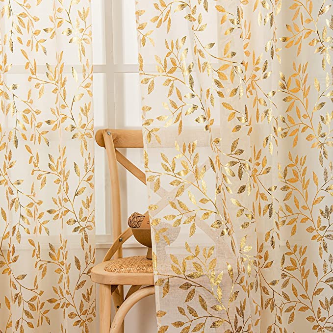 Sutuo HomeIvory Sheer Curtains 63 Inch Length 2 Panels Set, Gold Foil Print Metallic Bronzing Leaves, Privacy Voile Window Treatment Decor Drape Pair for Bedroom Nursery Room 52" W x 63" L