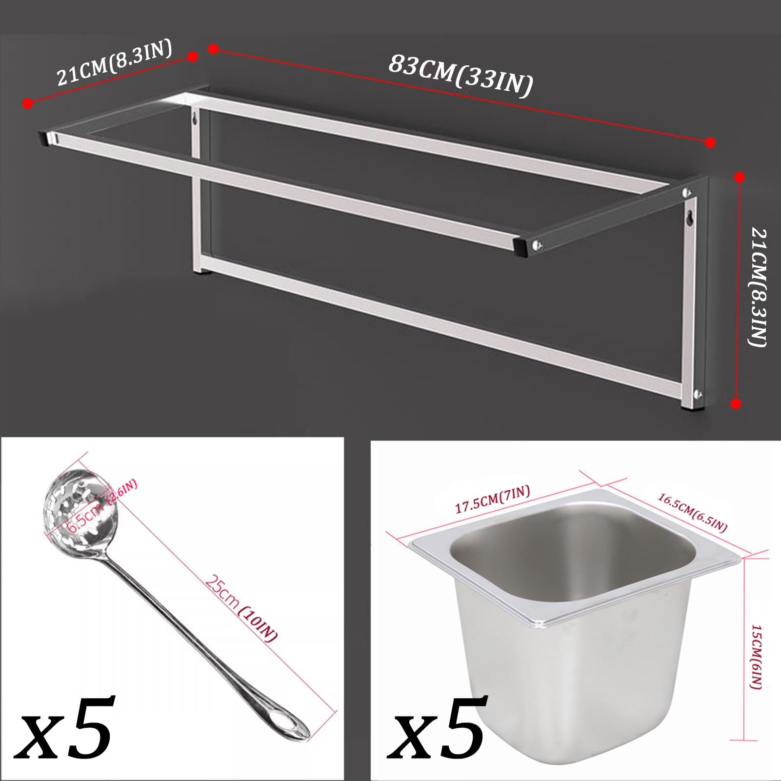Set da parete in acciaio inox con padelle, coperchi e cucchiaio, mensola da cucina per condimenti, salse, barattoli e frutta, organizer salvaspazio da bancone