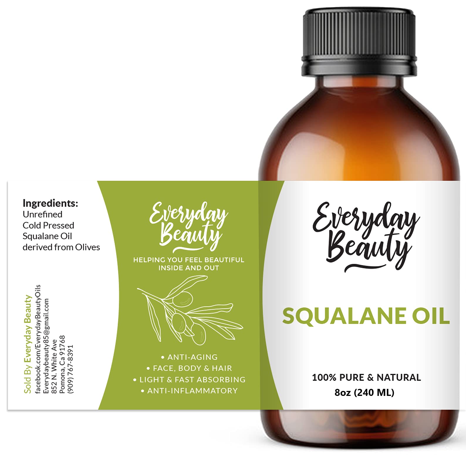 Squalane Oil - 100% Pure & Natural Plant Derived Facial Oil 8oz Bulk - Cold Pressed and Unrefined Premium Grade Multipurpose Moisturizing Oil For Skin and Hair