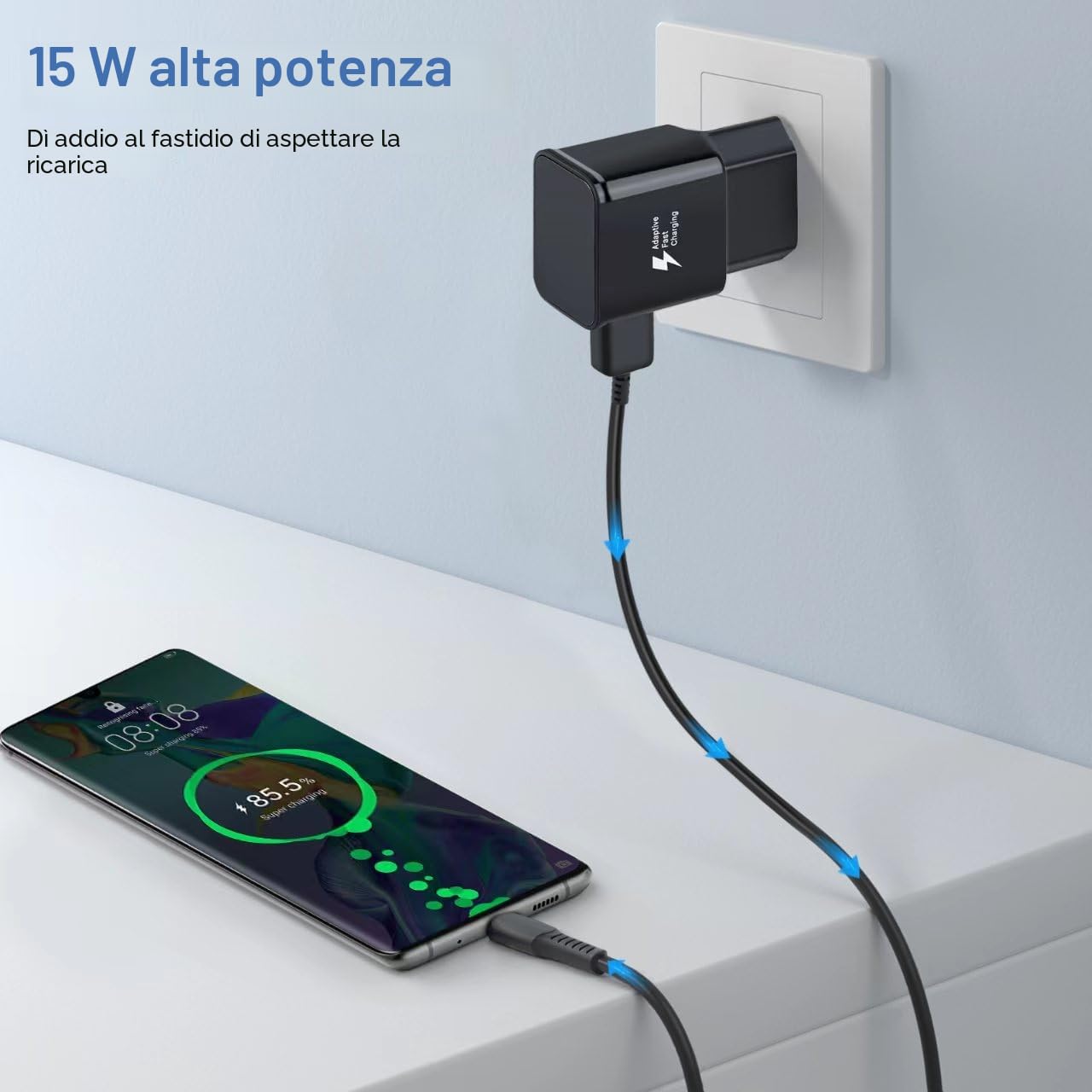 Caricatore USB Ricarica Rapida per Samsung Galaxy A16 A15 A14 A13 A20e A25 A34 A36 A51 A54 A55 A56 S8 S9 S10 S20 S21 FE Plus Z Flip3, Caricatore Cellulare, Caricabatteria con 1,5m Cavo USB Tipo C