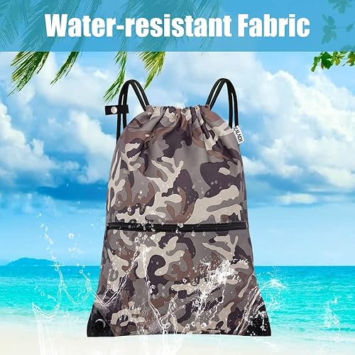 Miniatura 5 de CALACH Mochila deportiva con cordón, bolsa de gimnasio para yoga, viajes, para mujeres y hombres, tamaño grande con bolsillos con cremallera, MARRÓN