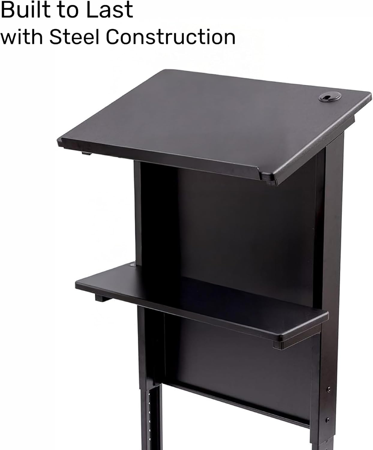 Stand Up Desk Store Mobile Adjustable Height Rolling Lectern Podium with Heavy Duty Steel Frame (Black Frame/Black Shelves, 25.5" Wide)