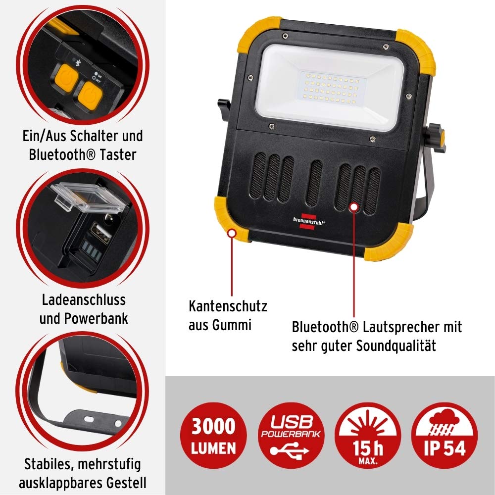 Brennenstuhl Mobiler Akku LED Baustrahler mit Bluetooth Lautsprecher (30 Watt, IP54 für außen und innen, LED Arbeitsstrahler mit integrierter Powerbank)