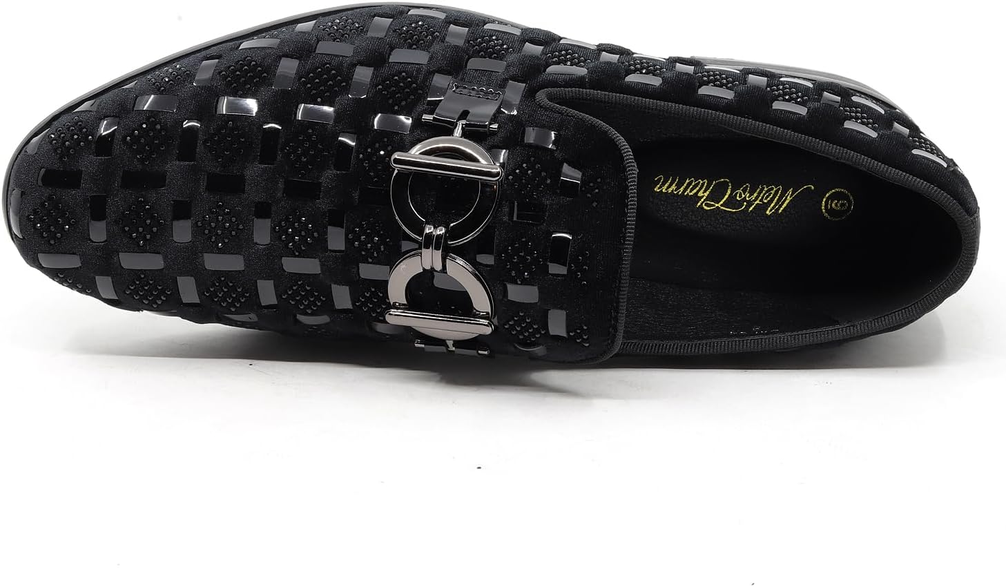 Metrocharm Luxury Velvet Woven Pattern Loafers with Gold Buckle Detail, Rhinestone Embellishments, Formal Dress Shoes, Slip-On Style SM-64 - Image 4