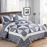 Patchwork Quilted Bedspread Coverlet Set Queen Quilt Set 3-Piece Grey Floral Reversible Stitched...