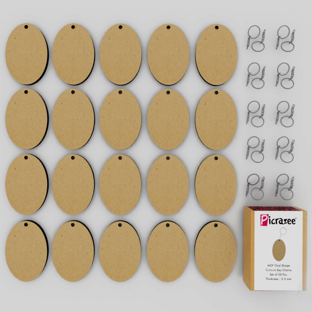 PICRAZEE DIY Wooden Plain MDF Key Chains for Wood Sheet Art &Craft, Painting, Decoupage, Resin Art Work, Mandala, Decoration, Fluid Art (20 Pcs) (Oval 20)